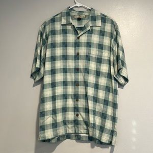 Tommy Bahama Button Down Plaid Short Sleeve Shirt Size Small Teal 100% Silk